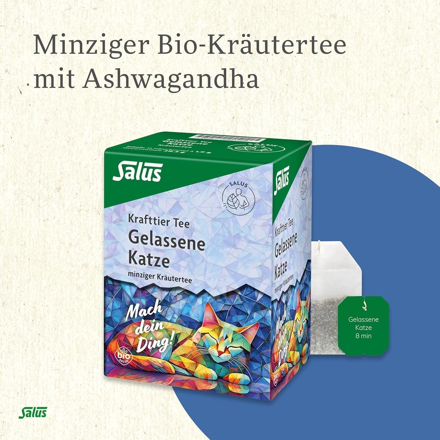 Salus – Krafttier-Tee – Die stille Katze – 1X 15 Filterbeutel (28,5 g) – Minz-Kräutertee mit Ashwagandha – Bio