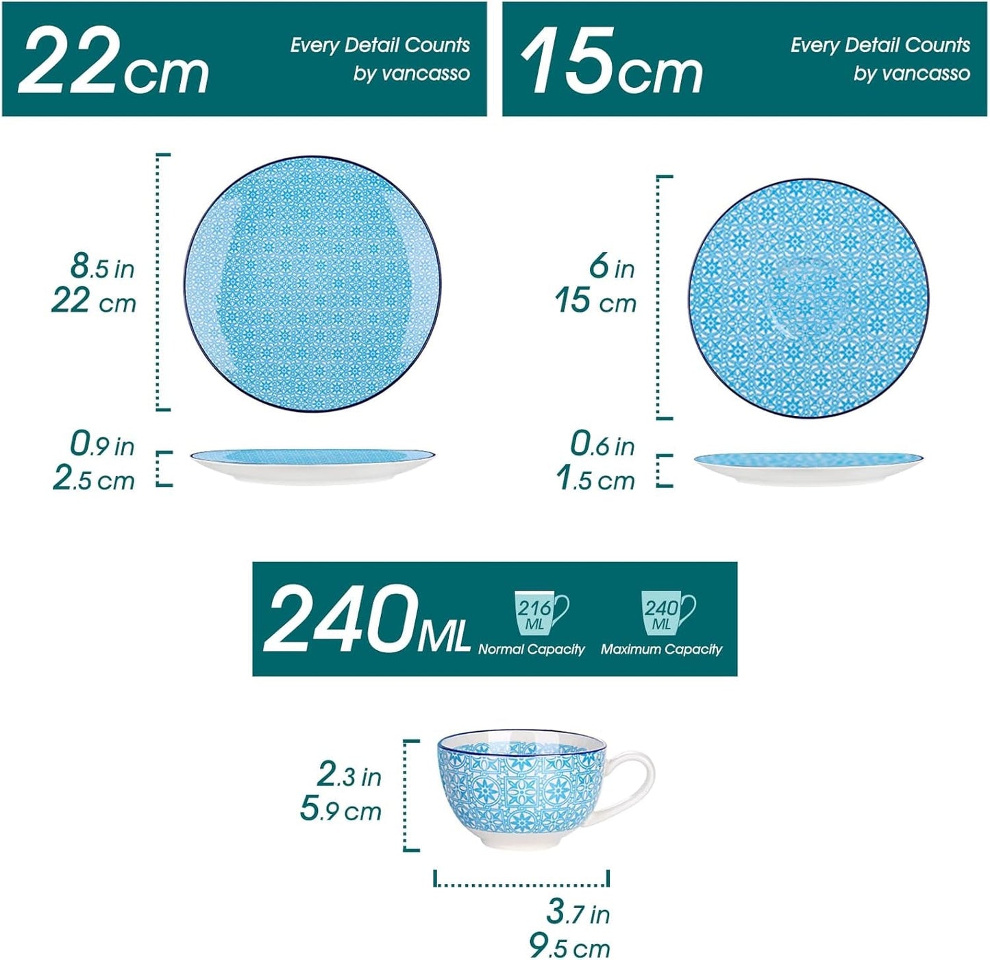 Vancasso Macaron Kaffeeservice aus Porzellan, 12-teiliges buntes Kaffeeservice für 4–12 Personen, Tassenset, inklusive Kaffeetassen, Untertassen und Desserttellern