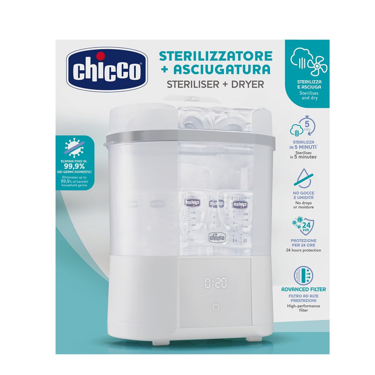 Modularer Chicco-Sterilisator mit Trocknungsfunktion, Babyflaschen-Sterilisator, Beißring und Schnuller mit automatischem Stopp, mikrowellengeeignet, geeignet zum Sterilisieren von bis zu 6 330-ml-Flaschen
