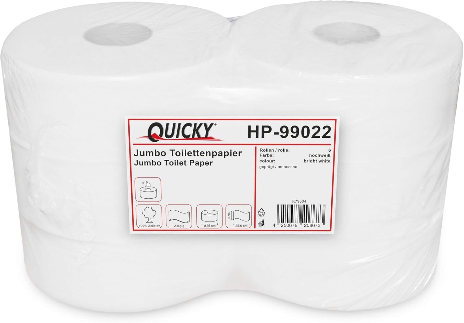 Quicky Jumbo 2-lagiges Toilettenpapier, 25 cm Ø, hochweiß, geprägt mit feinen Punkten, 6 Rollen – saugfähig und reißfest für maximale Hygiene, ideal für öffentliche Einrichtungen und Industrie