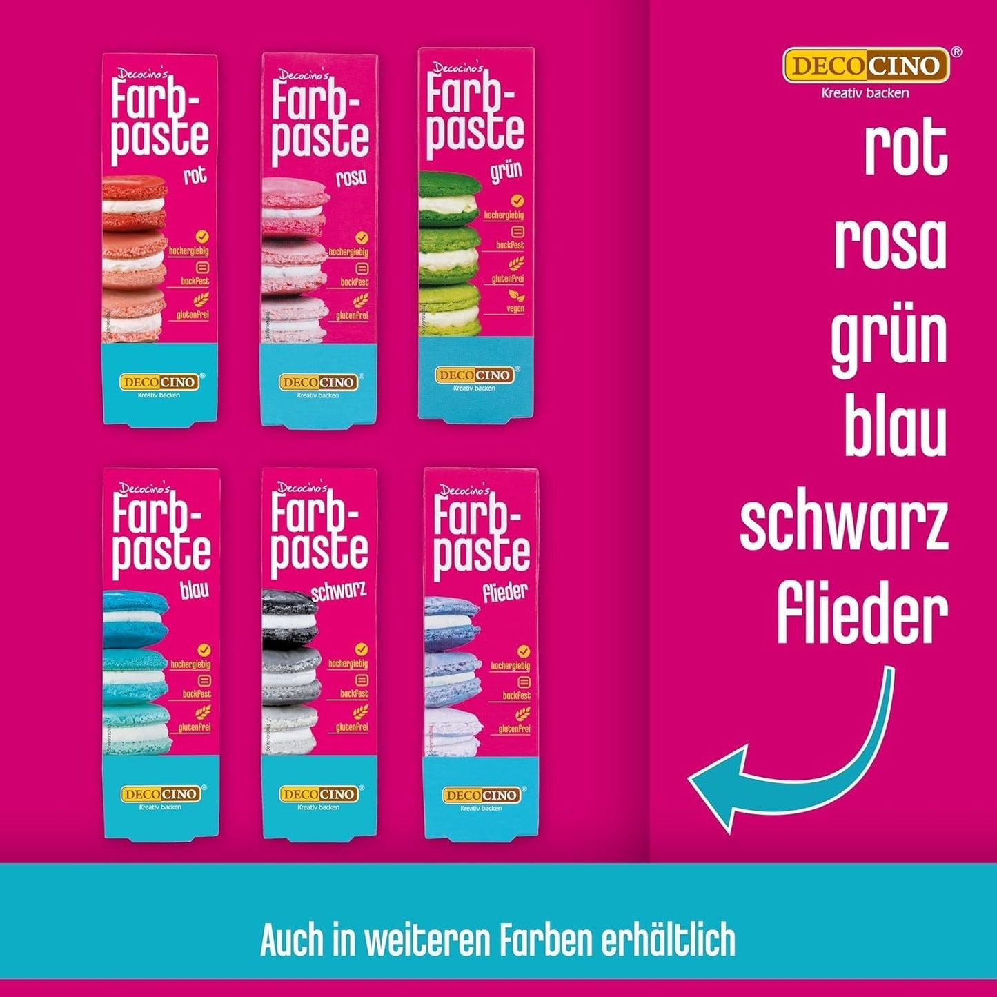 6er Set Decocino Farbpasten – 6 x 20 g – Lebensmittelfarbe in Rot, Rosa, Grün, Gelb, Blau und Schwarz, ideal zum Einfärben von Kuchen, Fondant und Cremes – Azofrei und glutenfrei