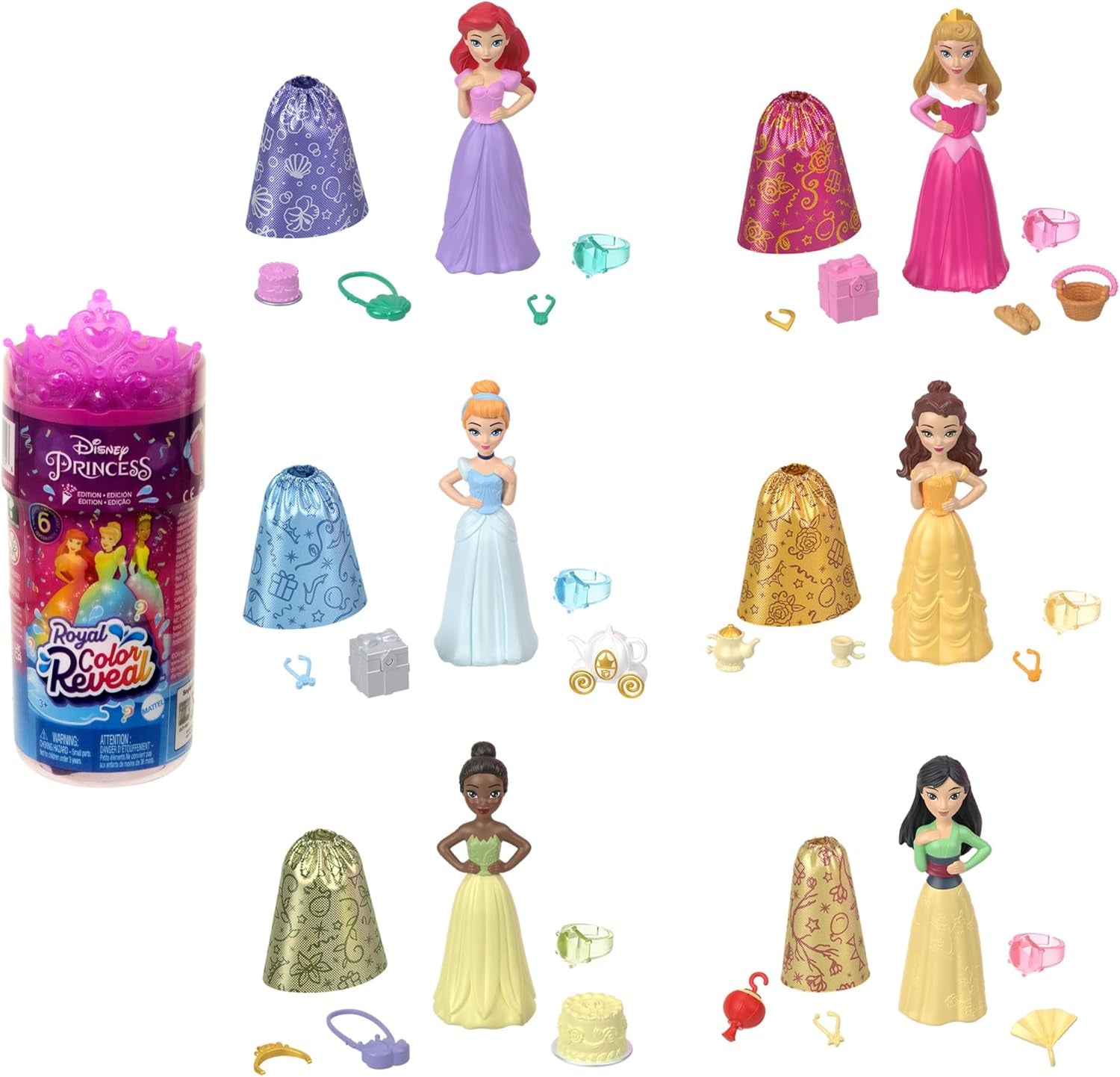 Disney Princess Color Reveal – 6 wasseraktivierte Überraschungspuppen, Zubehör, für Kinder ab 3 Jahren, Arielle, Tiana, Mulan, Aschenputtel, Belle, Aurora, HPX39