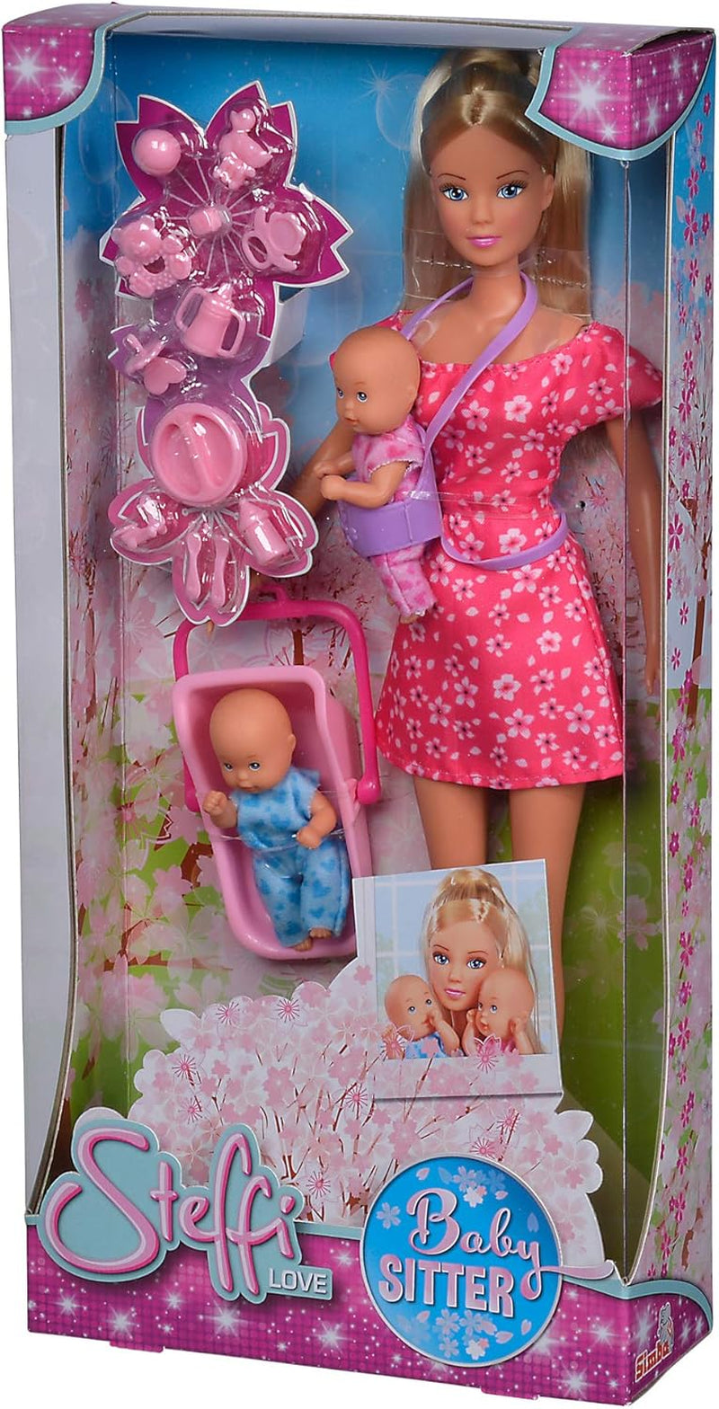 Simba 105730211 - Steffi Love Nanny, mit zwei Babys, Babytrage und Autositz, Zubehör, Ankleidepuppe, 29 cm, für Kinder ab 3 Jahren