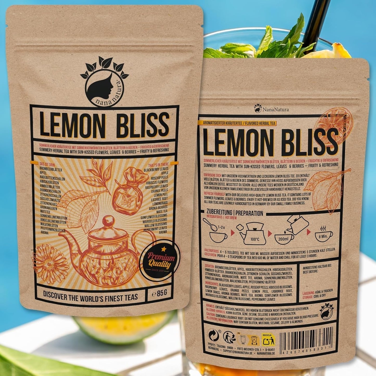 Nananaturas Original LEMON BLISS TEE 85G | Fruchtiger und erfrischender Sommer-Kräutertee | Als kalter Tee, Eistee oder klassisch heiß | Mit Blüten, Blättern und sonnengereiften Beeren | Kein Zucker