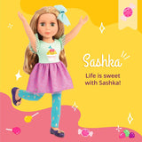 Glitter Girls - Sashka - 36 cm Bewegliche Modepuppe - Blonde Haare und grüne Augen - Cupcake-Kleid mit Haarschleife - Glitzerschuhe & Gepunktete-Leggings - 3 Jahre +