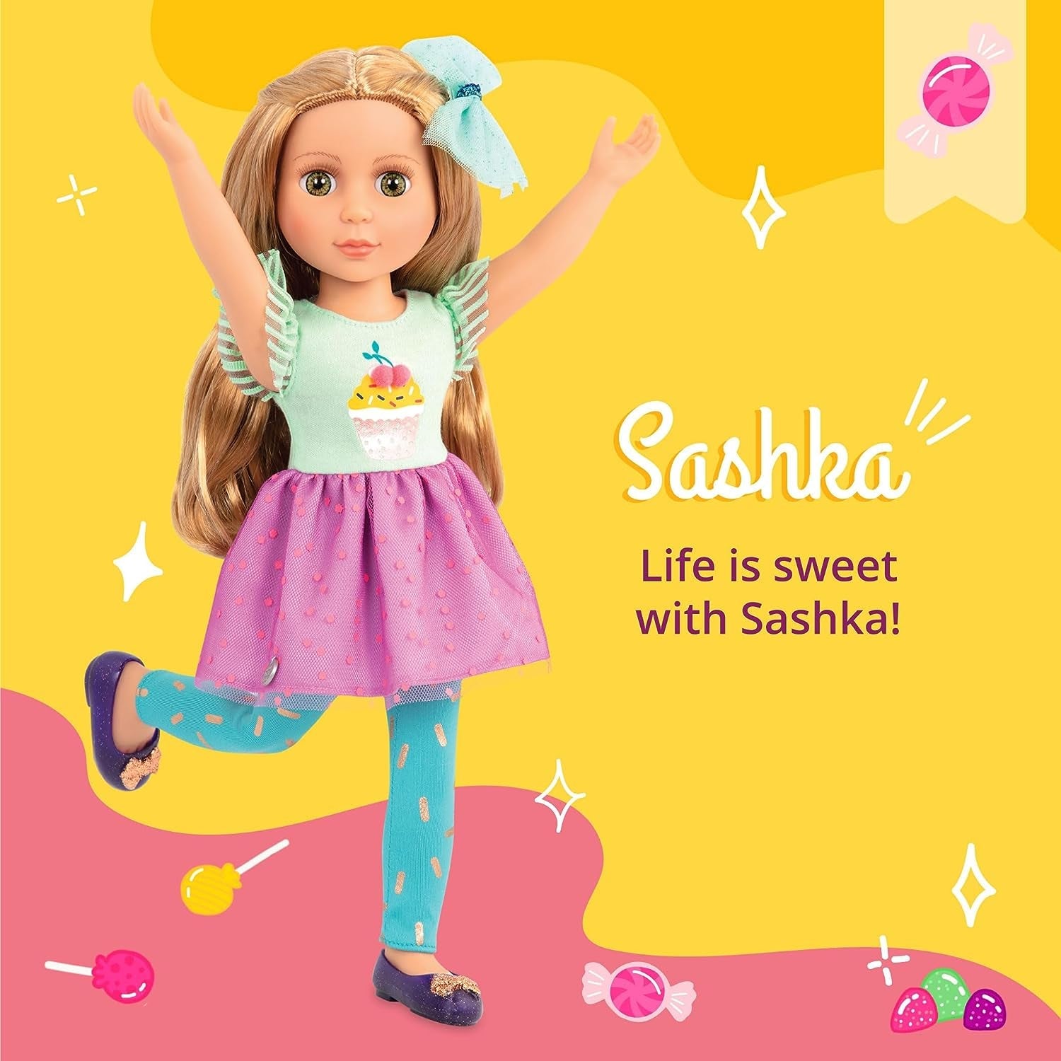 Glitter Girls - Sashka - 36 cm Bewegliche Modepuppe - Blonde Haare und grüne Augen - Cupcake-Kleid mit Haarschleife - Glitzerschuhe & Gepunktete-Leggings - 3 Jahre +