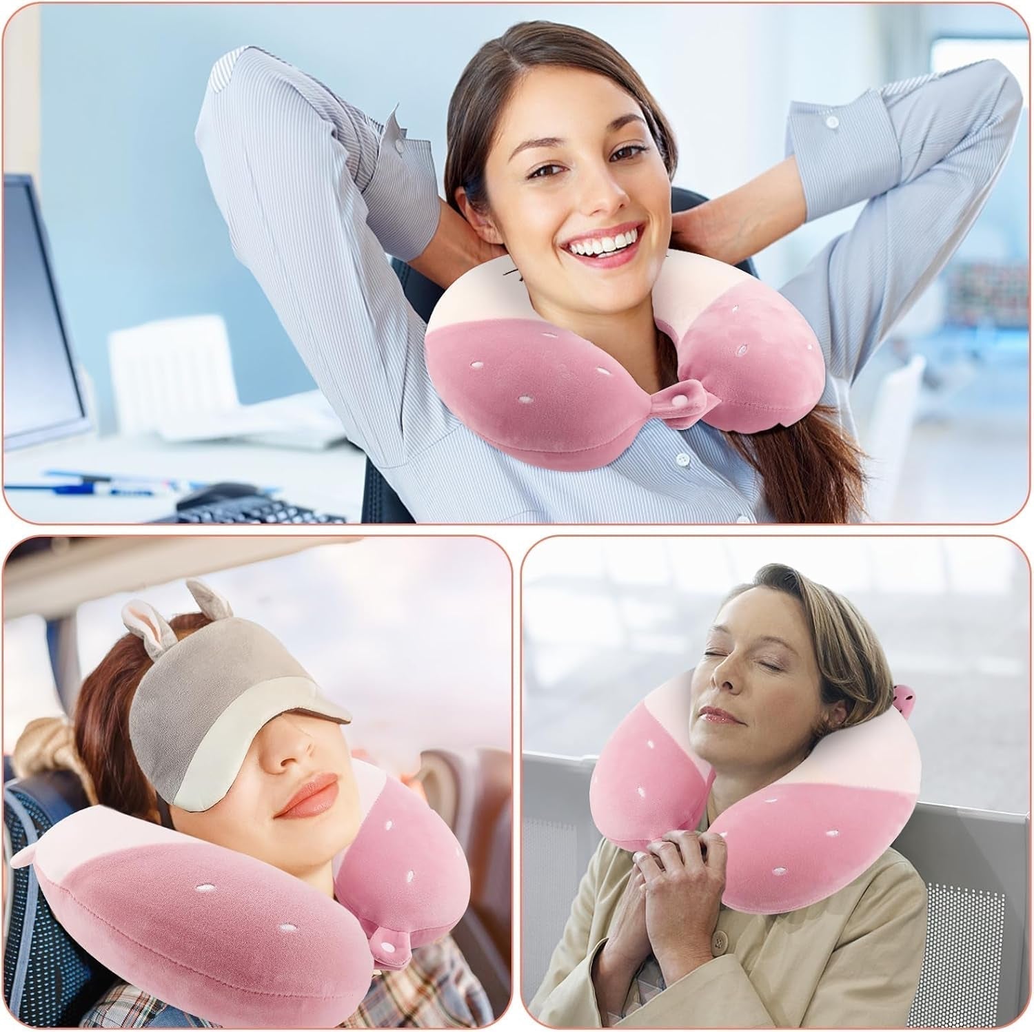 Litimkat Kinder-Nackenkissen, tragbares Nackenkissen, Reisekissen, U-förmiges Memory-Schaum-Kissen, Reisen, Flugzeug, Auto, Zug, Büro, Zuhause, niedlicher Tiermuster-Kissenbezug, abnehmbar (rosa), orthopädische Halskissen, Naty Shop