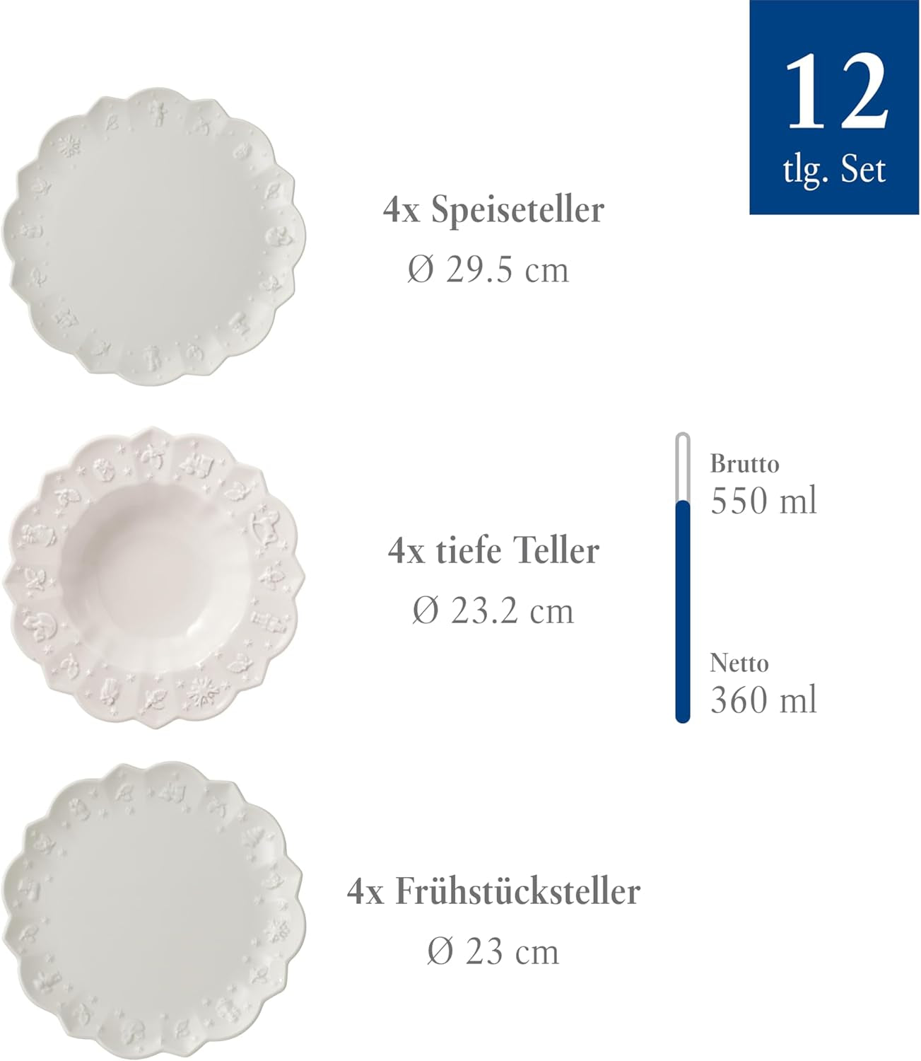 Villeroy & Boch Toy's Delight Royal Classic 12-teiliges Geschirrset, spülmaschinen- und mikrowellengeeignet, weiß, Teller, 4-Personen-Geschirrset, Weihnachtsgeschirr, Spielzeug, Premium-Porzellan