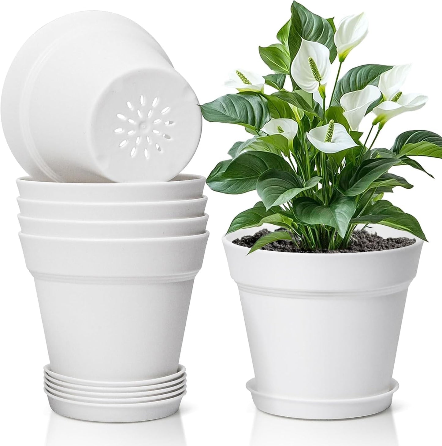 T4U 16 cm Kunststoff-Blumentopf mit Untersetzer, Set mit 6 Kunststoff-Kräutertöpfen mit mehreren Drainagelöchern, runder Topf für Sukkulenten im Innen- und Balkonbereich, Kakteen, weiß