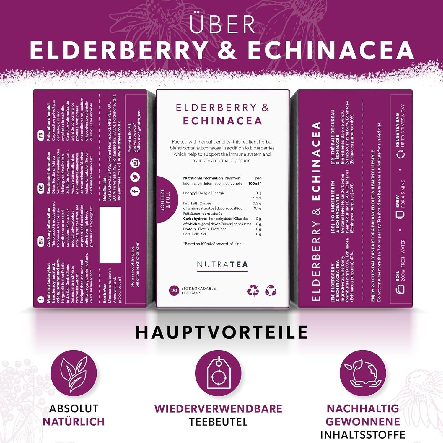 Nutra Tea Holunder & Echinacea, Immunitäts- und Erkältungstee, Tee zur Immununterstützung, Erkältungsbekämpfung, 20 wiederverwendbare Teebeutel, natürlicher Kräutertee