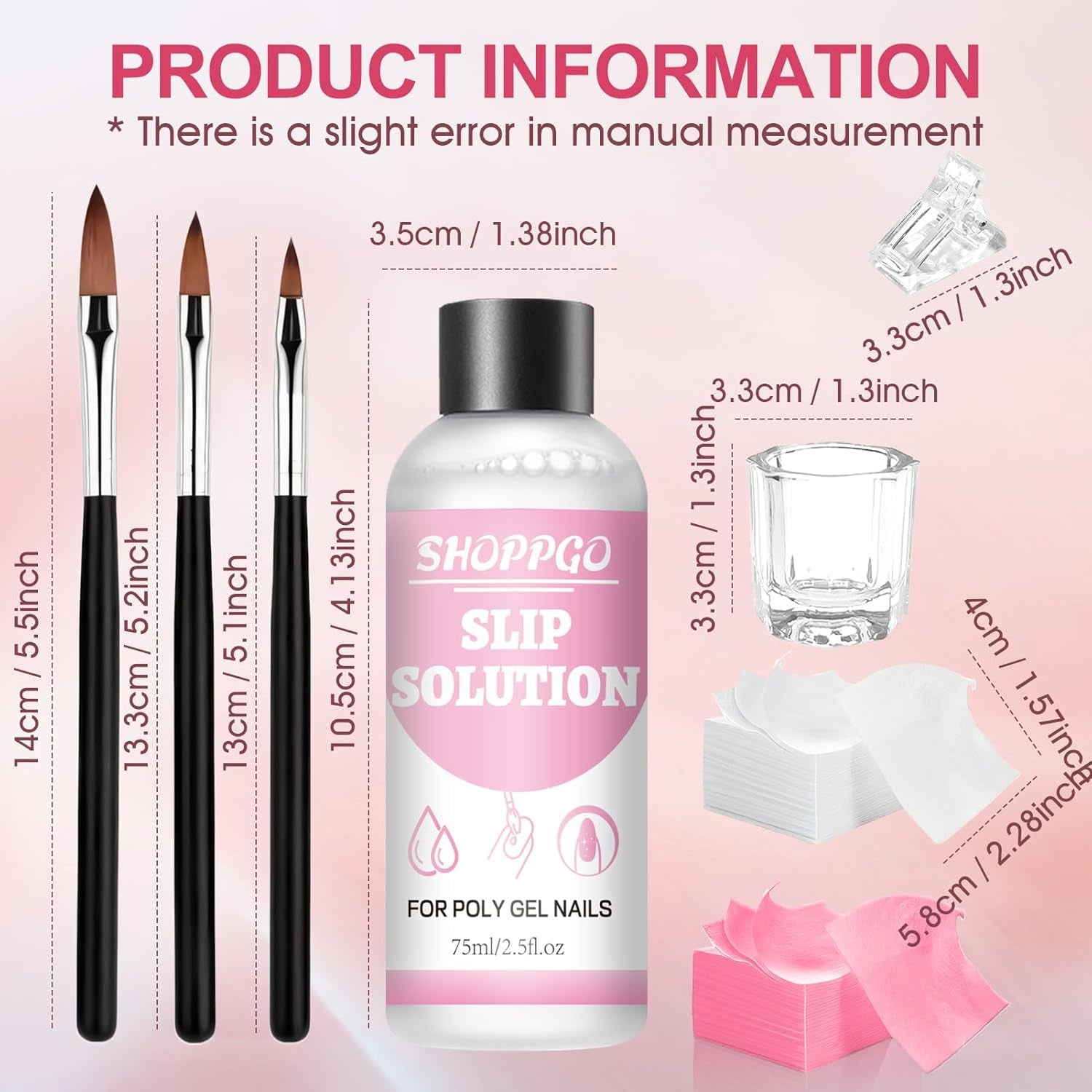 Polygel Glättungslösung, Polygel Slip Solution Nagelset, Glättungslösung 75 ml, inklusive 5 Nagelspitzenclips, 3 Nagelbürsten, 1 Kristallbecher, 100 Reinigungsblätter