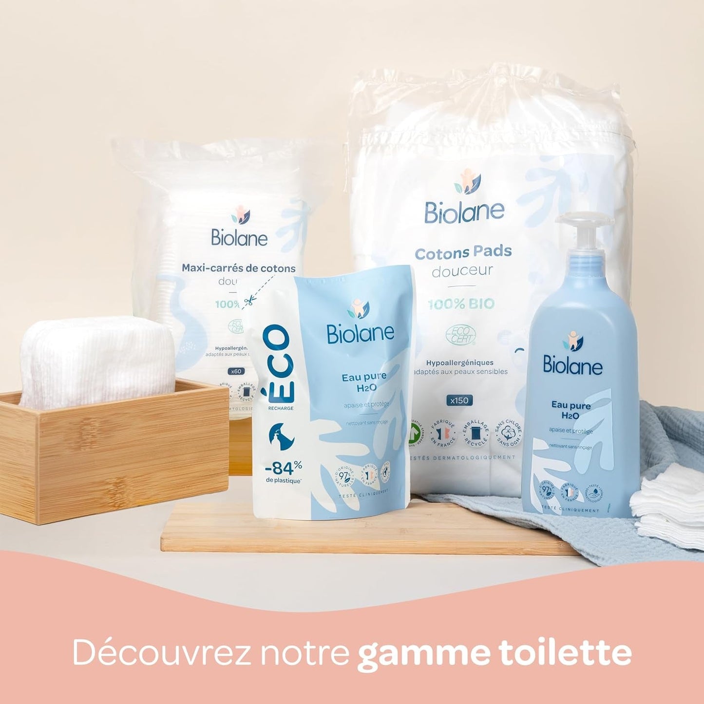 BIOLANE 12 feuchte Maxi-Squares-Einlagen – Babys – 100 % Bio – 720 Baumwolle – für empfindliche Haut – Wickel- und Toilettenartikel – ab der Geburt – hergestellt in Frankreich