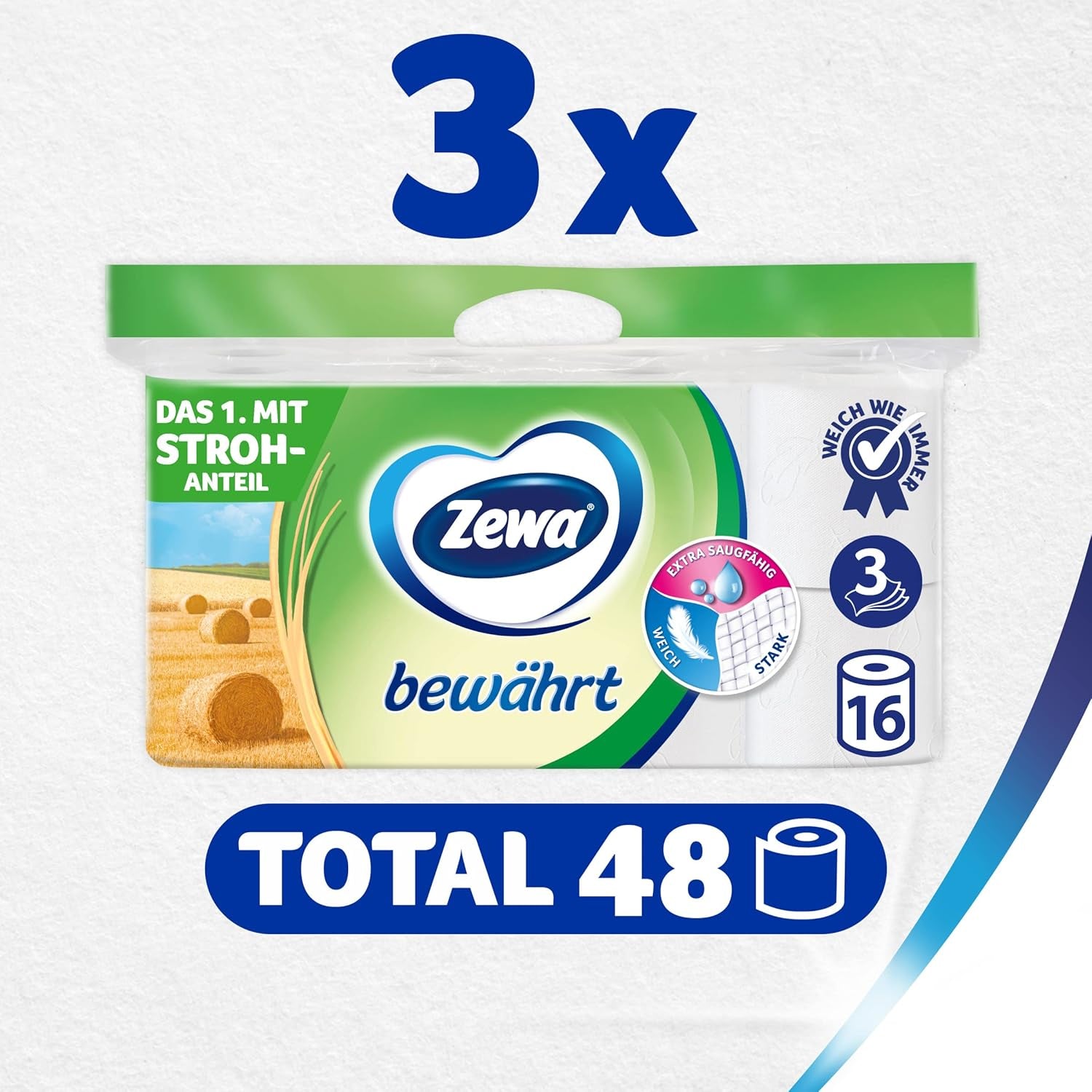 Zewa Proven – 48 Rollen – Das erste Toilettenpapier mit Strohanteil – 3 Schichten
