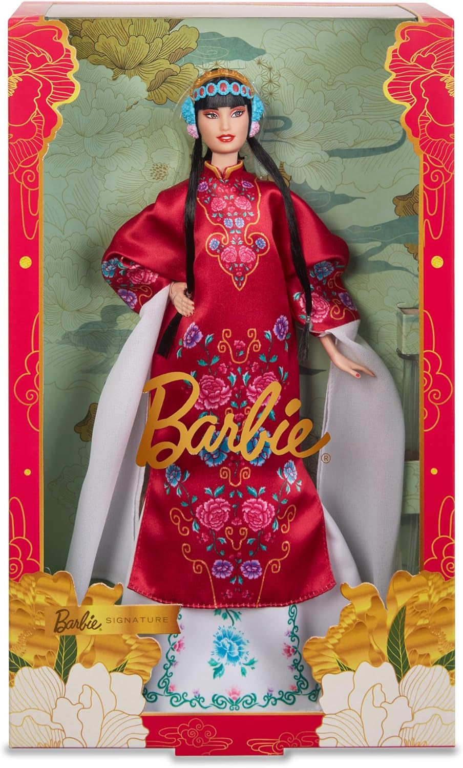 BARBIE Lunar New Year Barbie Puppe – Traditionelles Kleid in glücksbringendem Rot mit Pfingstrosenmuster, cyanblaue Schuhe mit pinken Troddeln, inspiriert von der Peking-Oper, HRM57