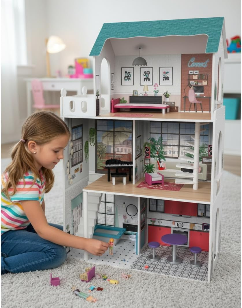Soho-Madera Design 3-stöckiges Puppenhaus mit 8 Möbelstücken, Maße 120 x 33 x 75 cm (913D00181)