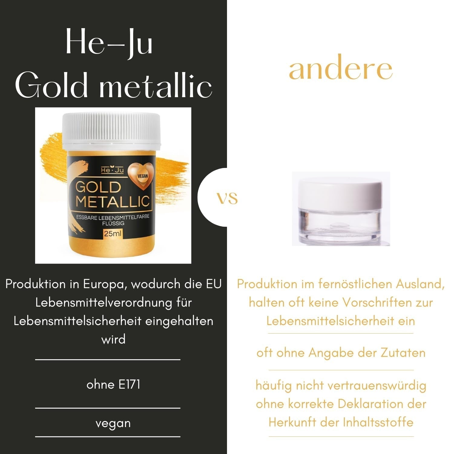 He-Ju Metallic Gold Flüssige Lebensmittelfarbe 25 ml, essbarer Glitzer für Getränke und Lebensmittel (Metallic Gold, 25 ml)