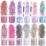 HOWAF 12 Boxen Nagelglitzer, Gesicht, Körper, Pinsel, Glitzer, Make-up, Nagelglitzer, Augen, Lippen, Haare, Körper, Dekoration, Halloween, Weihnachten, Festival, Maskerade, Make-up-Zubehör