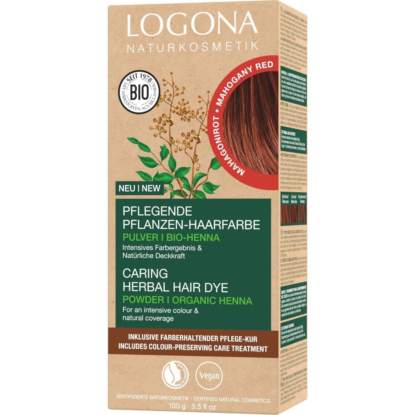LOGONA Naturkosmetik Kräuter-Pflege-Haarfarbe, Bio-Henna-Pulver, vegane Haarfarbe für intensive Farbe und Glanz, Pflanzen-Haarfarbe in Kupferblond (Blond), 1 x 100 g Naty Shop Mahagoni-Rot Haarfarbe 100 g (1 Packung)