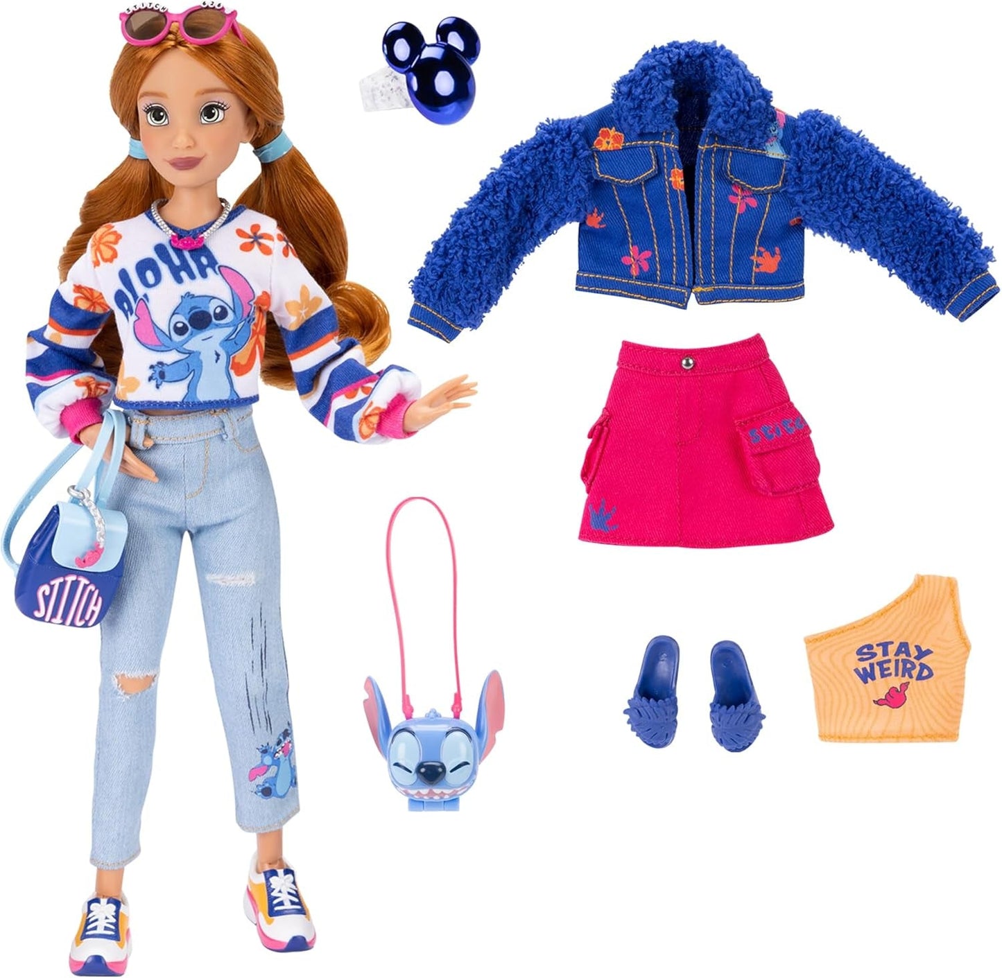 Disney ILY 4EVER Stitch Modepuppen mit roten Haaren, 29 cm groß, mit 13 Artikulationspunkten, zwei kompletten Mix-and-Match-Outfits und einem funkelnden Mickey-Ring für Sie!