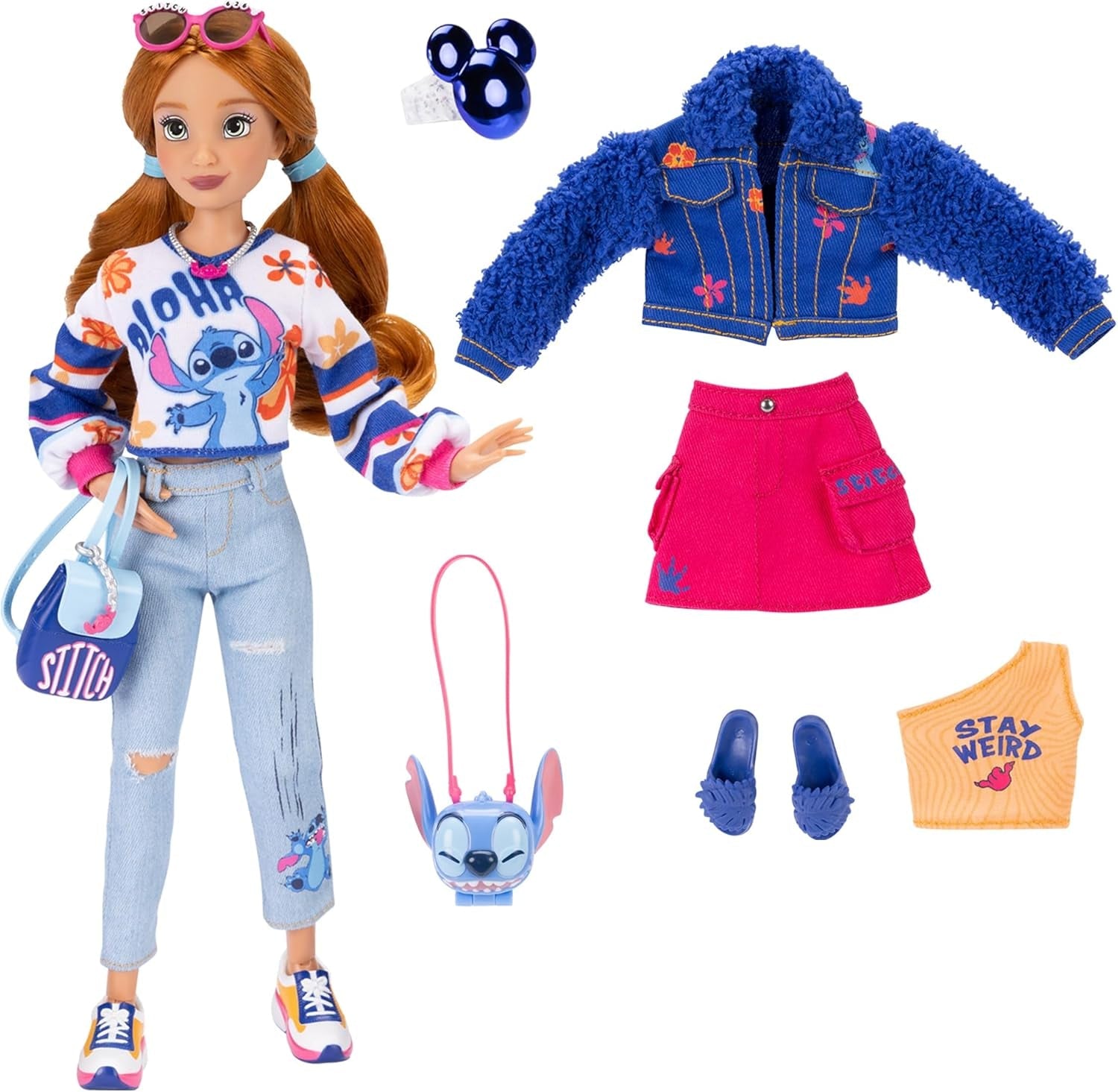 Disney ILY 4EVER Stitch Modepuppen mit roten Haaren, 29 cm groß, mit 13 Artikulationspunkten, zwei kompletten Mix-and-Match-Outfits und einem funkelnden Mickey-Ring für Sie!