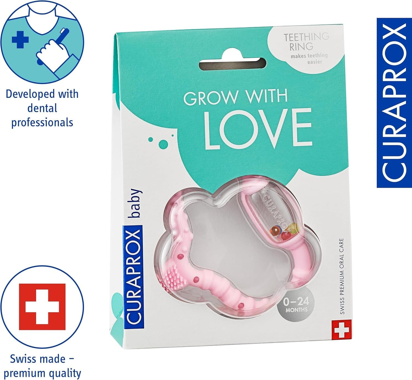 Curaprox Beißring für Babys - Für Kleinkinder 0-24 Monate / Lindert Zahnungsschmerzen und fördert motorische Fähigkeiten | BPA-frei, rosa, mit Trainingszahnbürste / Hergestellt in der Schweiz