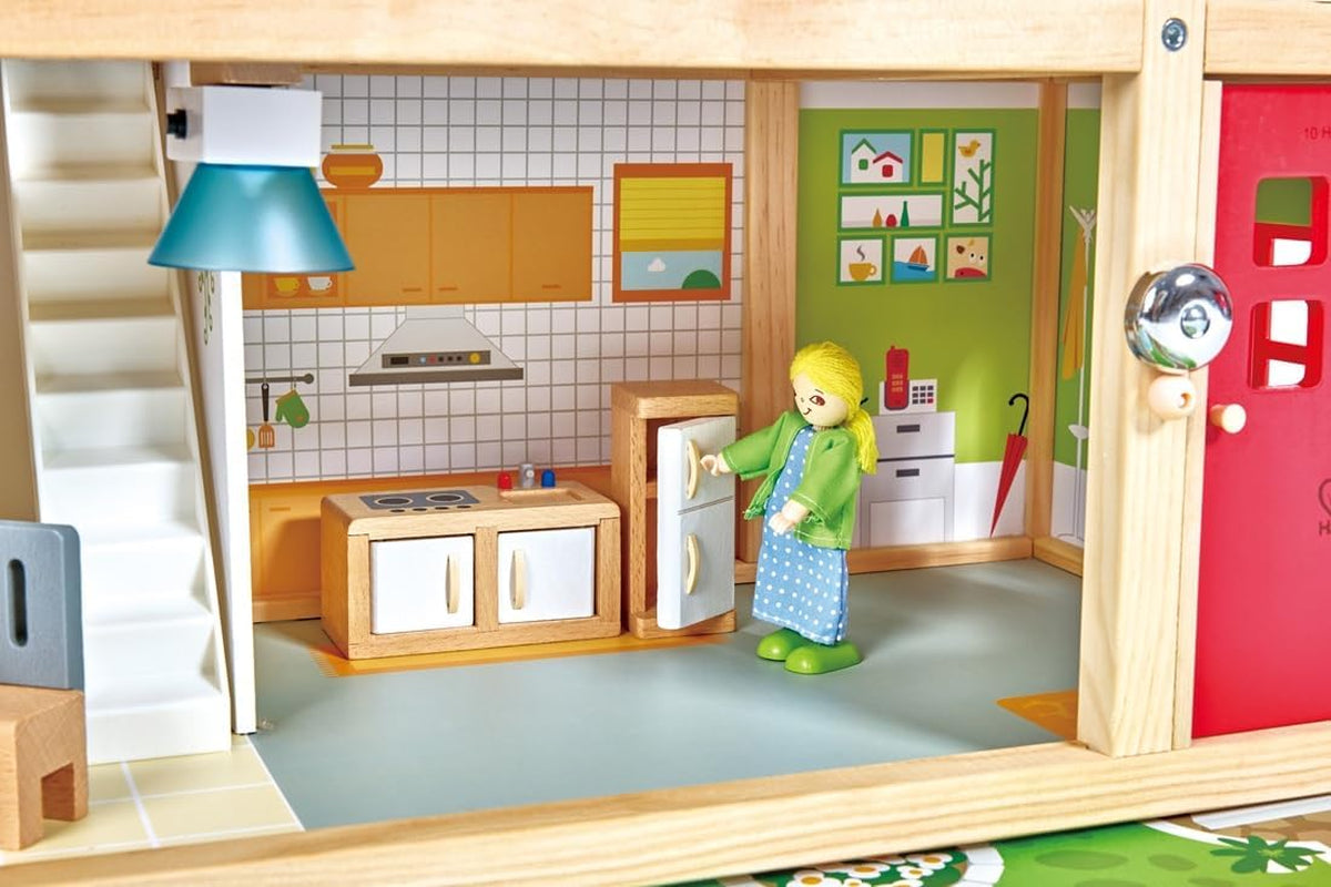 Hape Puppenvilla, 10-Zimmer-Puppenhaus aus Holz, kreatives Rollenspiel inklusive Möbel und Zubehör, Lernspielzeug für Kinder ab 3 Jahren