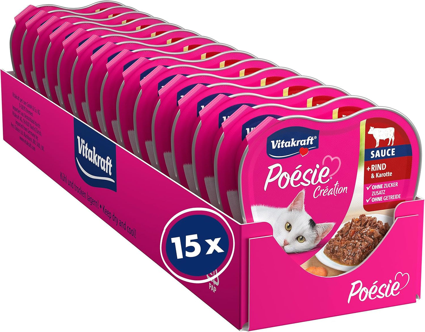Vitakraft Poésie Création, Nassfutter für Katzen, Nassfutter in Soße, mit Rindfleisch und Karotte, Großpackung, ohne Zusatz von Zucker oder Getreide (15 x 85g)