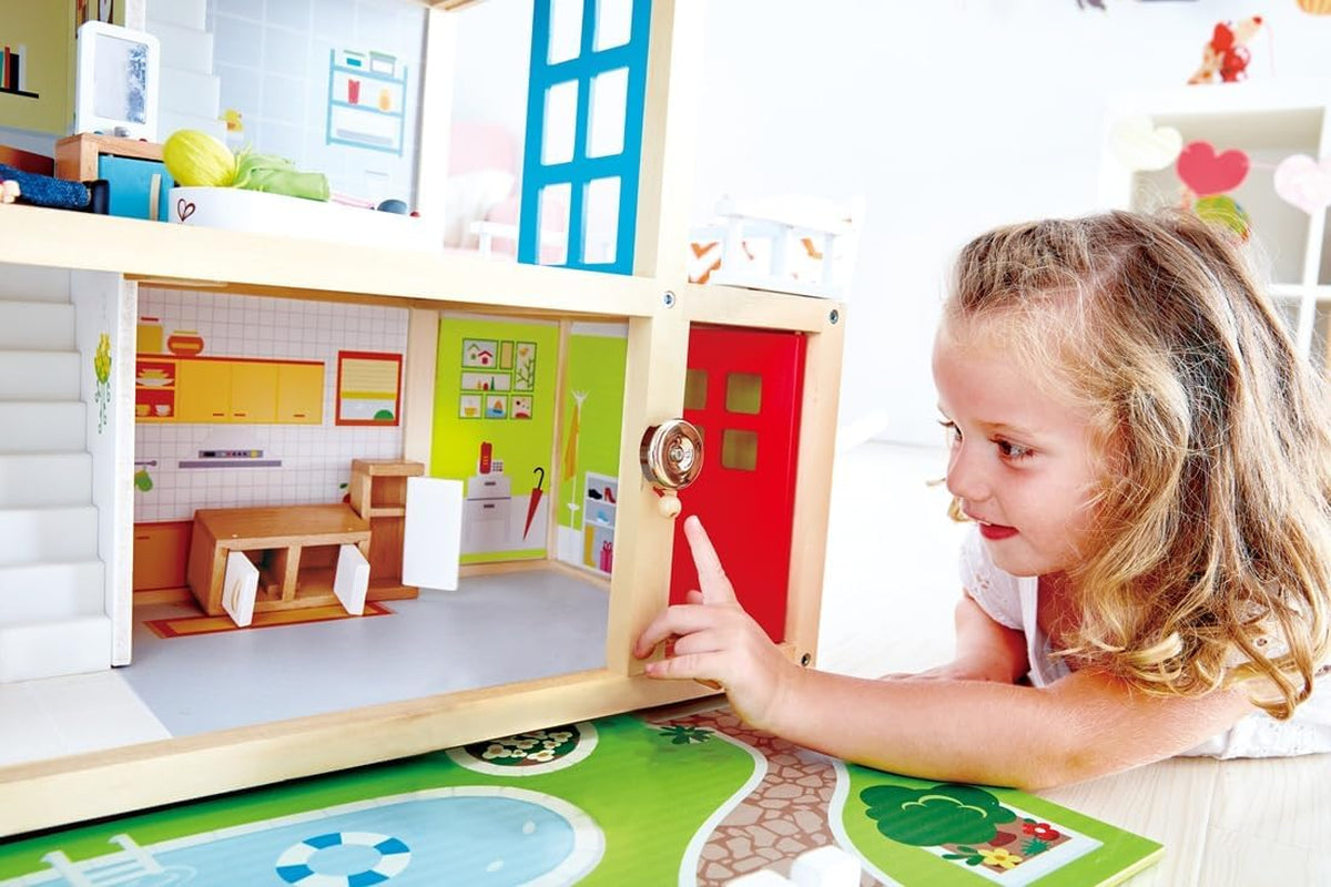 Hape Puppenvilla, 10-Zimmer-Puppenhaus aus Holz, kreatives Rollenspiel inklusive Möbel und Zubehör, Lernspielzeug für Kinder ab 3 Jahren