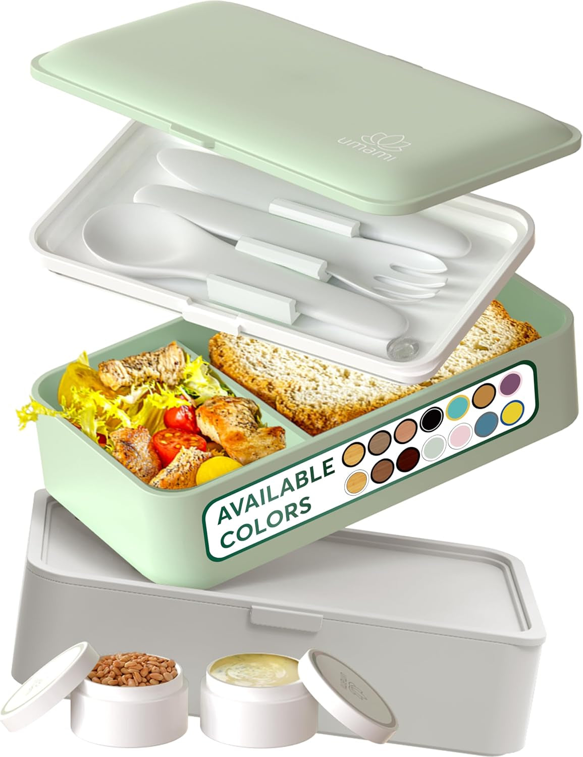 Umami Lunchbox für Erwachsene, auslaufsichere stapelbare Bento-Box mit 4 Besteck und Fächern, Lunchbox für Erwachsene, To-Go-Salatbehälter, Picknick-/Büro-Lunchbox, Anthrazit, 1500 ml