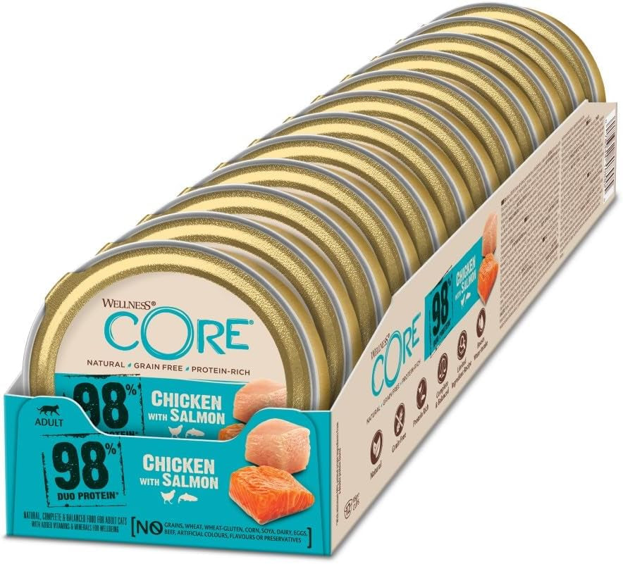 Wellness CORE 98 % 12 x 85 g, Huhn und Lachs – Nassfutter für Katzen, dicke Pastete, getreidefrei, natürlich, hypoallergen, proteinreich, reich an Fleisch