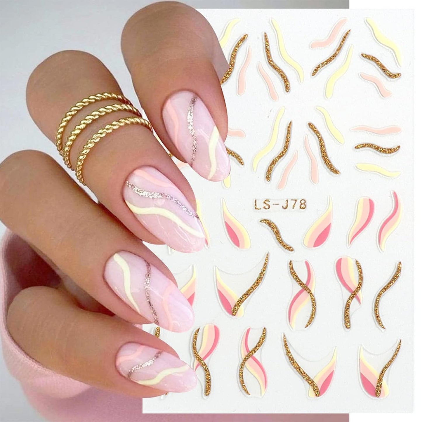 JMEOWIO Nagelsticker Französische Spitze 9 Blatt Nail Art Sticker Selbstklebend Nagelaufkleber Glitzer Wellenlinie Dekoration Nageldesign Zubehör