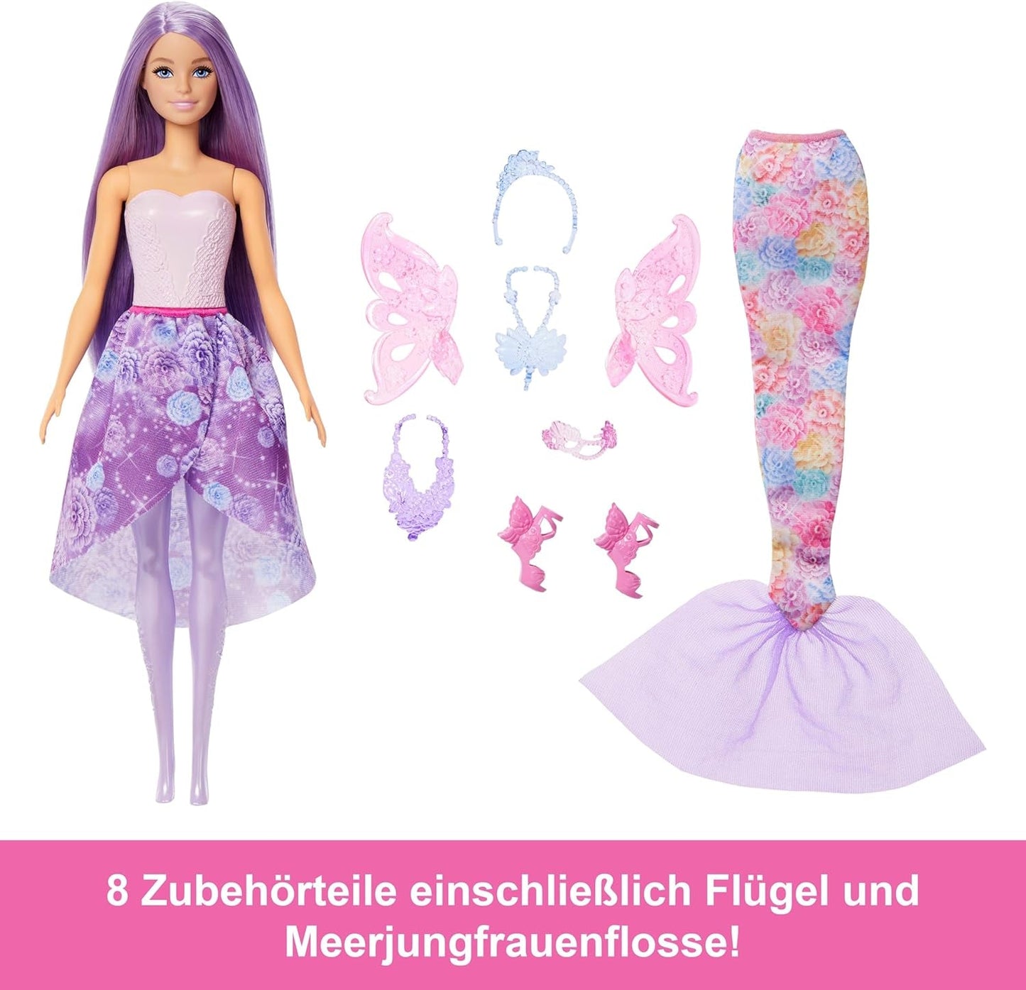 Barbie-Puppen-3-in-1-Spielset mit 8 Zubehörteilen, darunter Meerjungfrauenschwanz, Feenflügel, königliche Halsketten, Schuhe und mehr für mehr als 10 verschiedene Looks, JCP74
