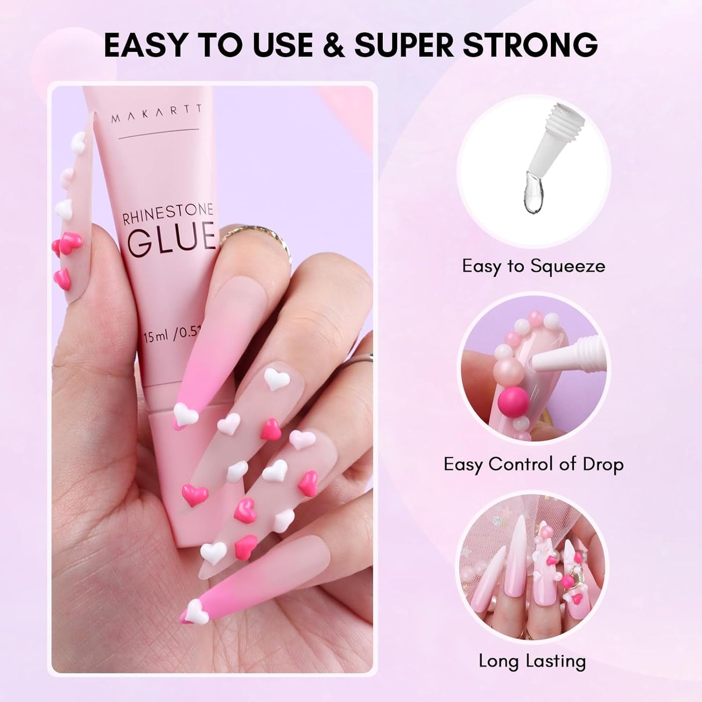 Makartt Strass-Klebegel – 15 ml UV-Nagelkleber-Set mit rosa Nagel-Charms, Herz-Kreis-Nagelschmuck und Nageldesign-Zubehör für Heim-Maniküre, Valentinstagsgeschenk