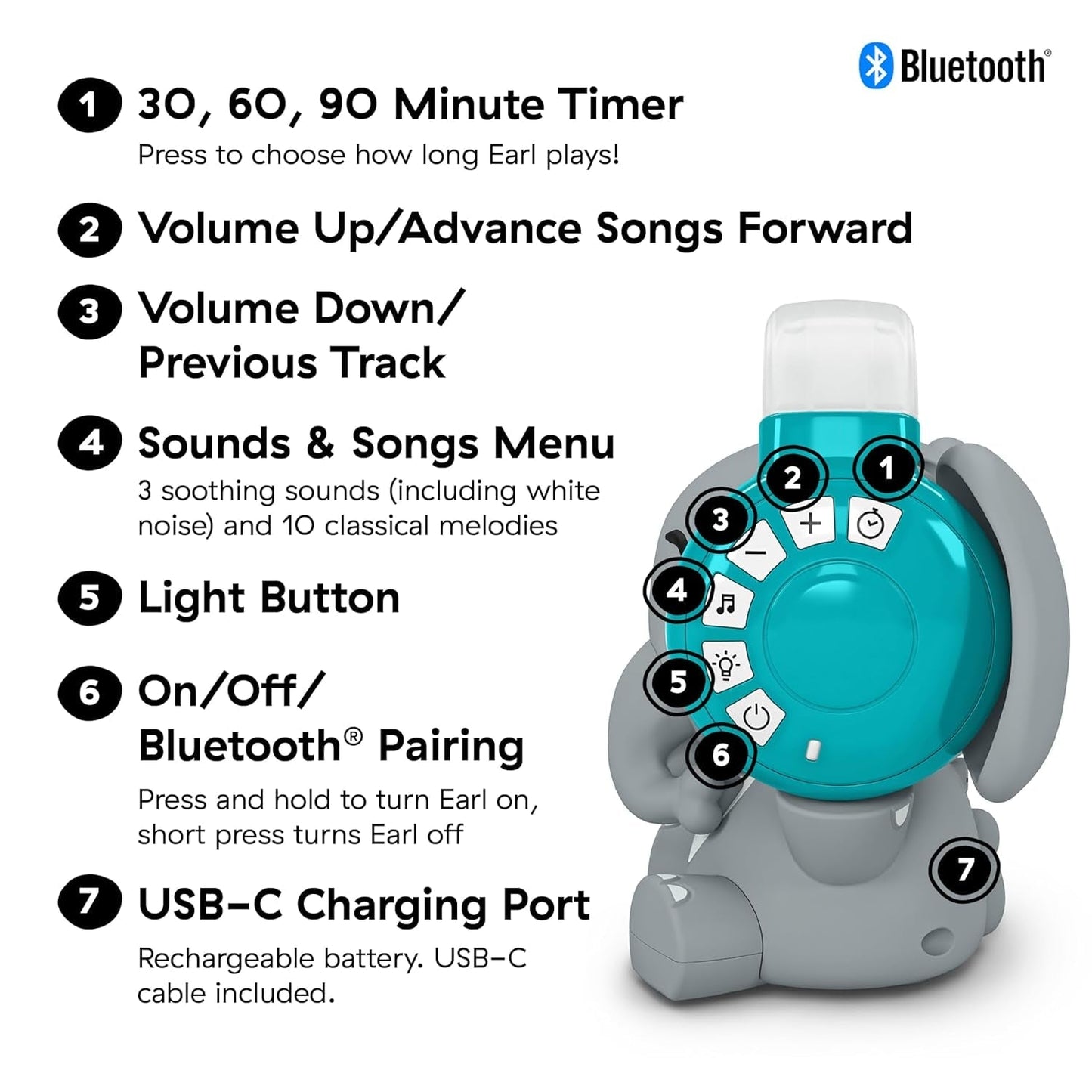 Baby Einstein Earl the Elephant Bluetooth-Soundmaschine, Musiksystem + Nachtlicht, Spielzeug für Babys und Kleinkinder Bebe Naty Shop