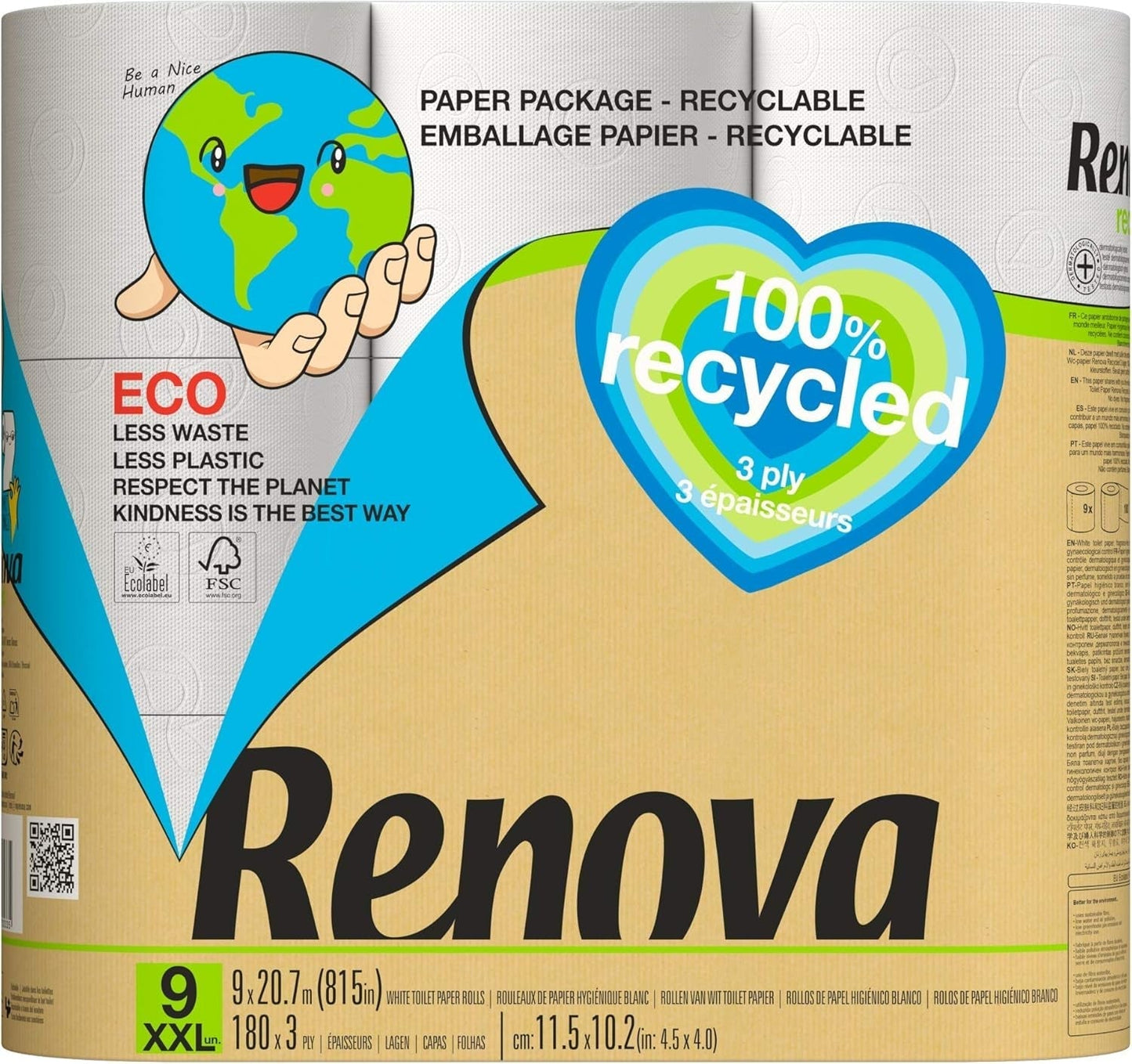 Renova 100 % RECYCLED Toilettenpapier 9 Rollen, weiß, normal