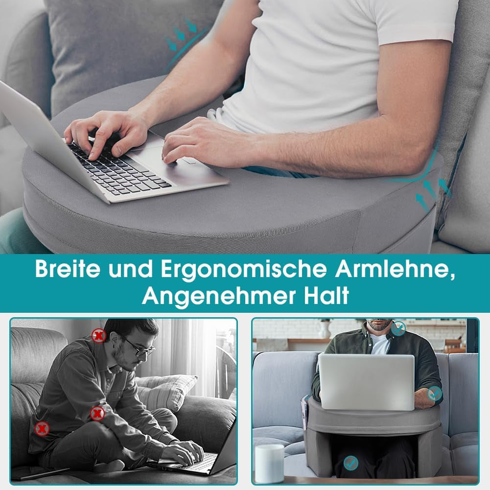 Lesekissen für Bett und Sofa, Gaming-Schoßkissen, Laptop-Schoßkissen, Gaming-Kissen mit Armlehnen und Seitentasche, für Erwachsene zum Spielen, Lesen, Fernsehen, Gaming auf der Couch
