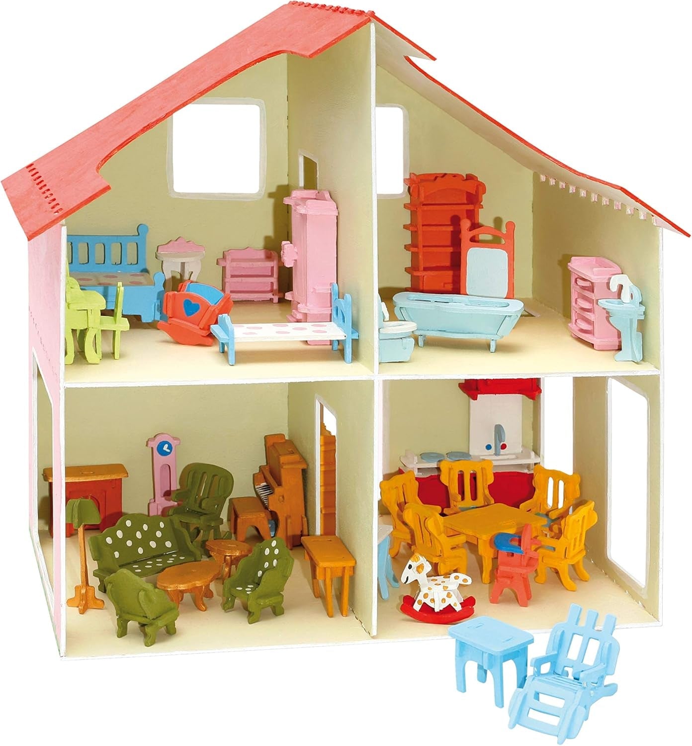 Pebaro Donau Elektronik _M880 3D-Puzzle-Puppenhaus mit Möbeln, 30 x 30 x 30 cm, Natur