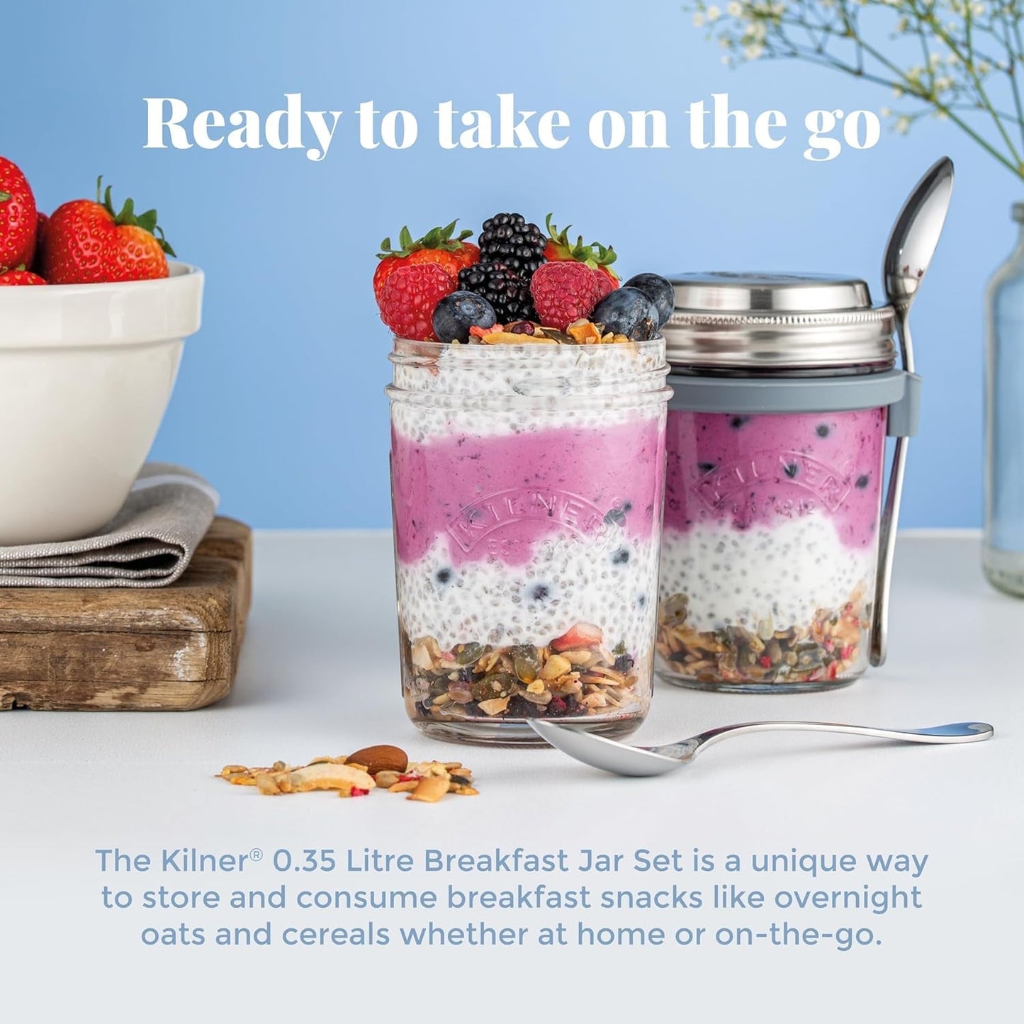 Kilner Frühstücksglas mit Löffel / 350 ml, Ø 9,5 cm / 5 Stück | Müslibecher zum Mitnehmen / ungiftig / Glasbehälter mit Deckel für Müsli, Porridge und Joghurt / Overnight-Oats-Behälter Naty Shop Lebensmittelaufbewahrungsboxen