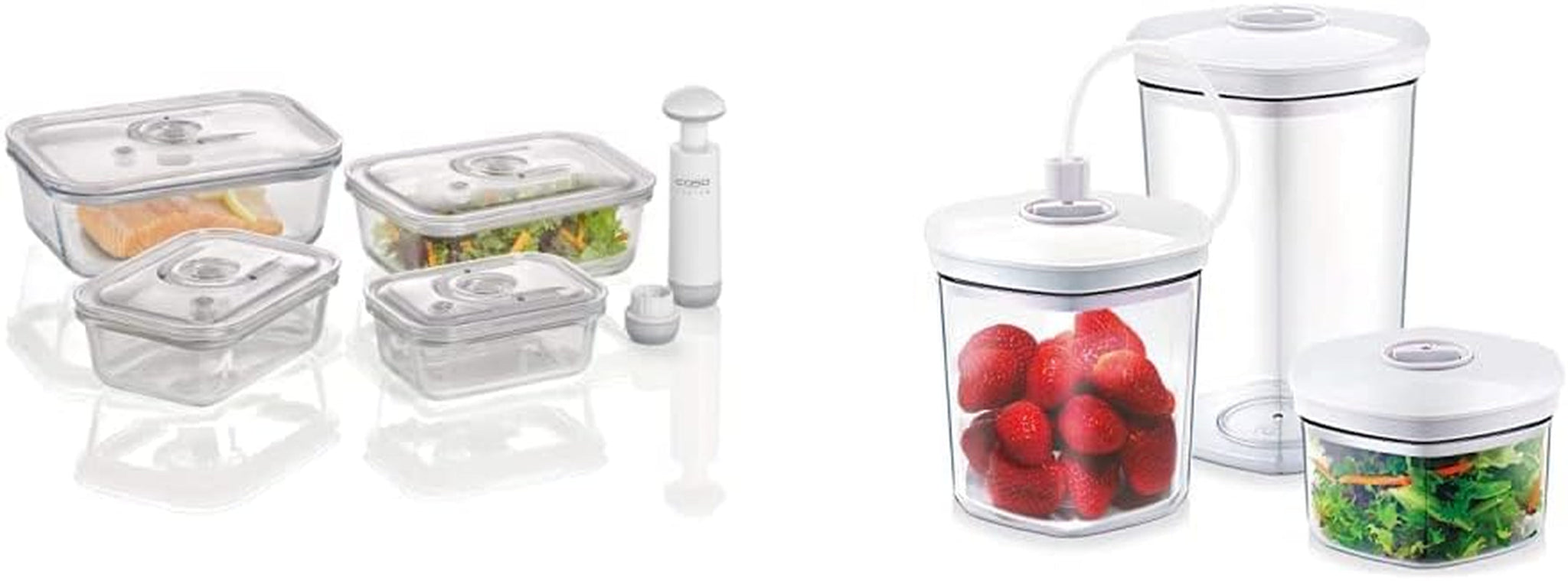 Caso VacuBoxx E-Set – 4 quadratische ultrastabile Vakuumbehälter und Vakuumbehälter-Set, bruchfeste und spülmaschinenfeste Behälter, 3 Vakuumbehälter für druckempfindliche Lebensmittel und Flüssigkeiten, Frischhalteboxen, Naty Shop Vakuumbehälter-Set-Pack