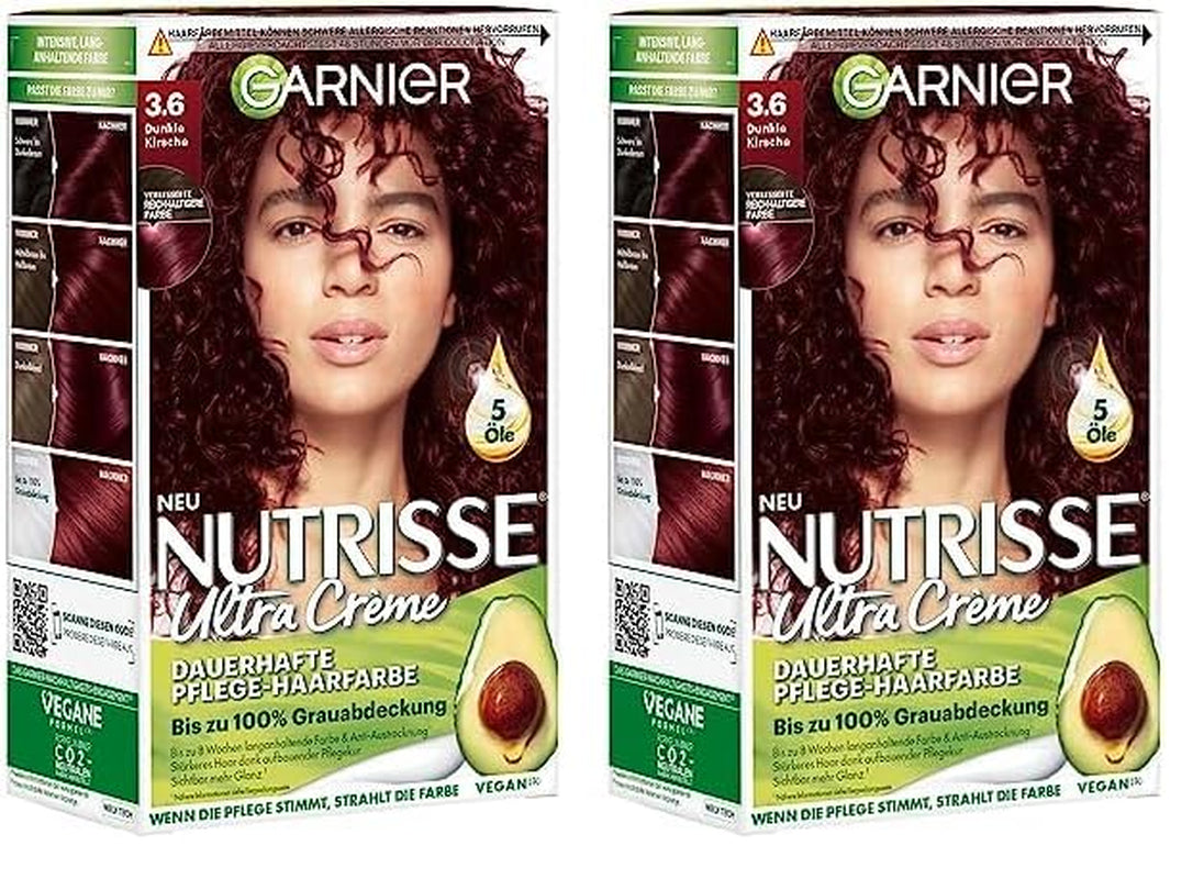 Garnier Nutrisse Permanente Pflege-Haarfarbe mit pflegenden Fruchtölen, 8 Wochen Halt, Ultra-Crème-Tönung, 036 Black Cherry (2er-Pack) Naty Shop Haarfarbe Standardtitel