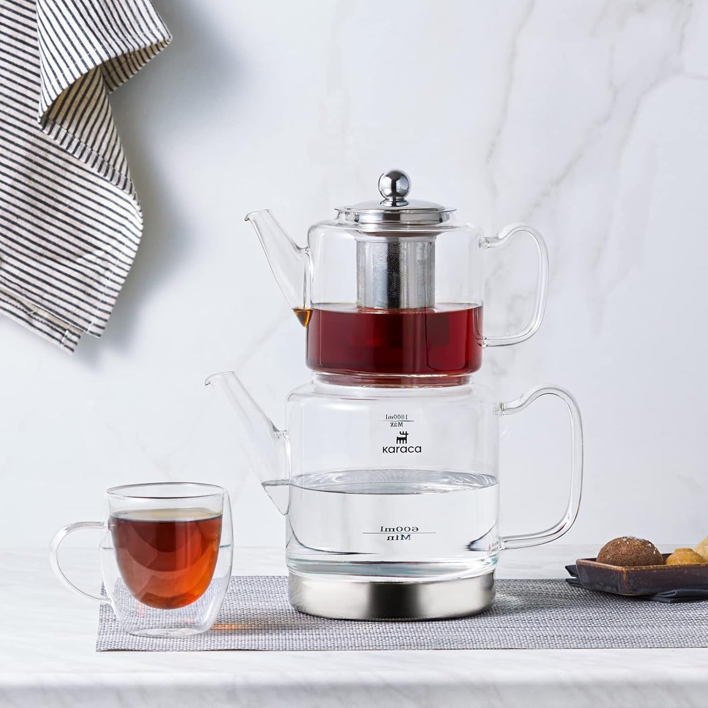 Karaca Dora Wasserkocher-Set aus Borosilikatglas mit Tee-Ei aus Edelstahl, 2-Liter-Wasserkocher und 1-Liter-Glaskessel mit Tee-Ei, türkischer Wasserkocher, Caydanlik, türkischer Kräuterteezubereiter, loser Tee, XL