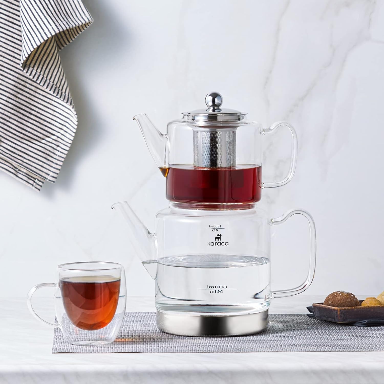 Karaca Dora Wasserkocher-Set aus Borosilikatglas mit Tee-Ei aus Edelstahl, 2-Liter-Wasserkocher und 1-Liter-Glaskessel mit Tee-Ei, türkischer Wasserkocher, Caydanlik, türkischer Kräuterteezubereiter, loser Tee, XL