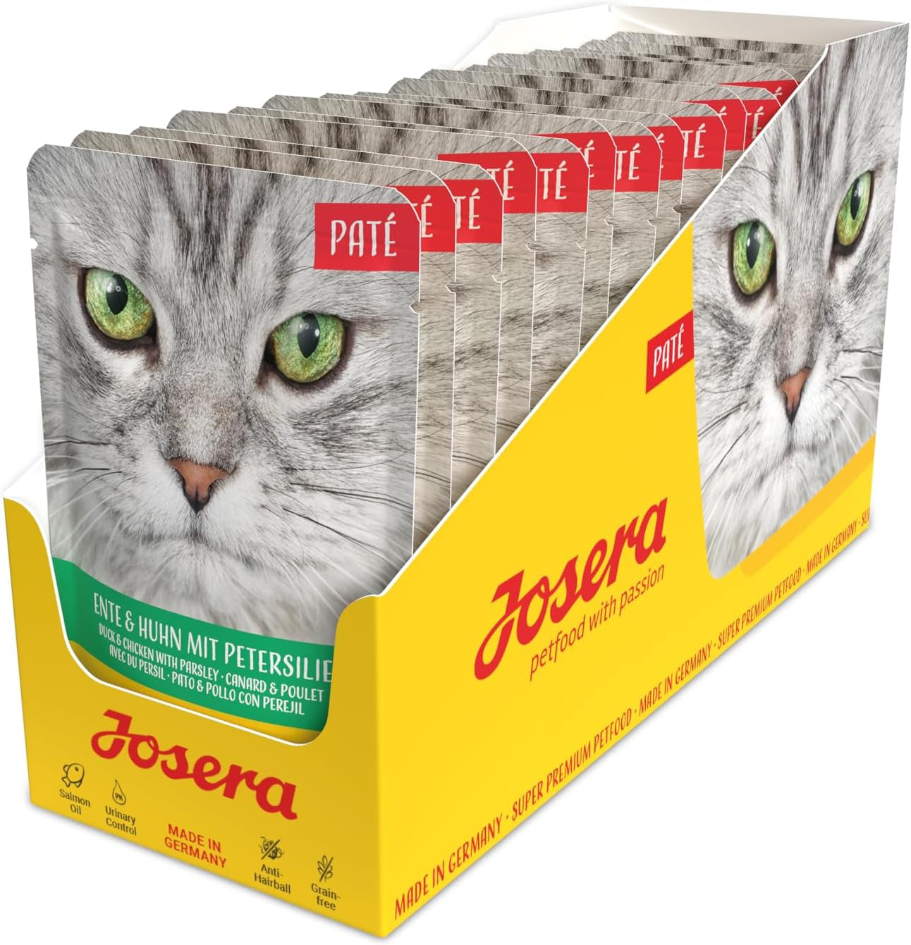 JOSERA Enten- und Hühnerpastete mit Petersilie (16 x 85 g) | Erwachsener | Premium-Nassfutter für ausgewachsene Katzen | Enten- und Hühnerpastete | Lachsöl | Keine Körner | Nasses Katzenfutter in frischen Beuteln | 16 Stück