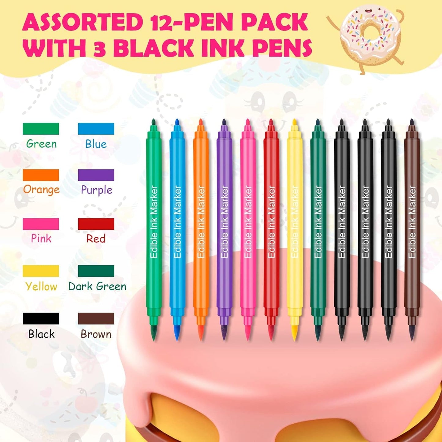 12 Stück Lebensmittelfarbstifte, Lebensmittelfarbstifte zum Backen, Lebensmittelmarker mit feiner und dicker Spitze, essbarer Stift für Kuchen, Fondant, Kekse, Ostereier, Macarons