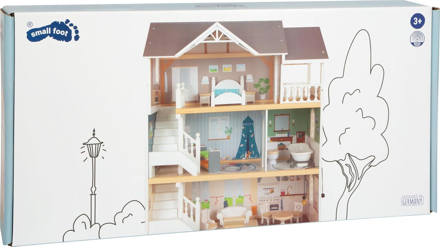 Small Foot Puppenhaus 3-stöckiges Stadthaus aus Holz mit offener Vorderseite und 12 Möbeln für Kinder ab 3 Jahren 11802 Weiß Grau Puppenhäuser Naty Shop