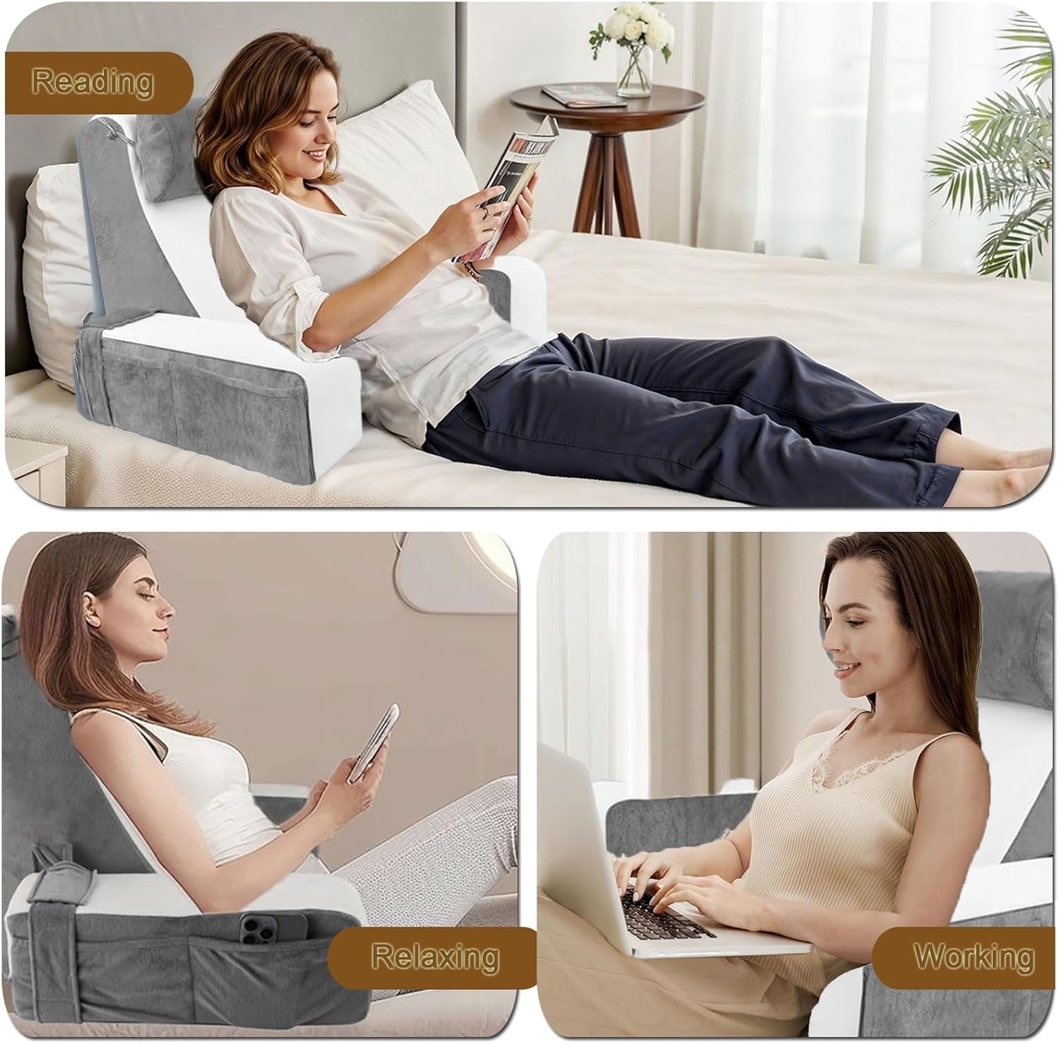 Großes Lesekissen für Bett und Sofa, Rückenkissen für Erwachsene mit Nackenstütze und Armlehnen, ergonomisches Rückenkissen mit Tasche und waschbarem Bezug zum Ausruhen, Lesen, Fernsehen (WH)
