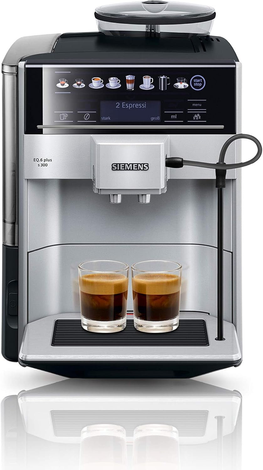 Siemens EQ.6 plus s300 Espressoautomat TE653501DE, für viele Kaffeespezialitäten, Milchaufschäumer, Keramikmahlwerk, Doppelkaffeefunktion, Antikalk, automatische Dampfreinigung, 1500 W, Silber