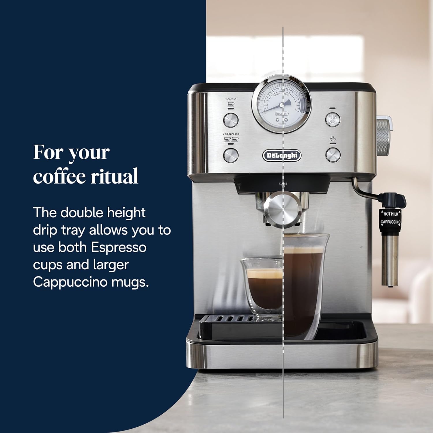 De'Longhi Classic EM450.M Siebträger-Espressomaschine mit professionellem Milchaufschäumer, Vollmetallgehäuse, 15 bar, 1,7 l Wassertank, Edelstahl/Metall