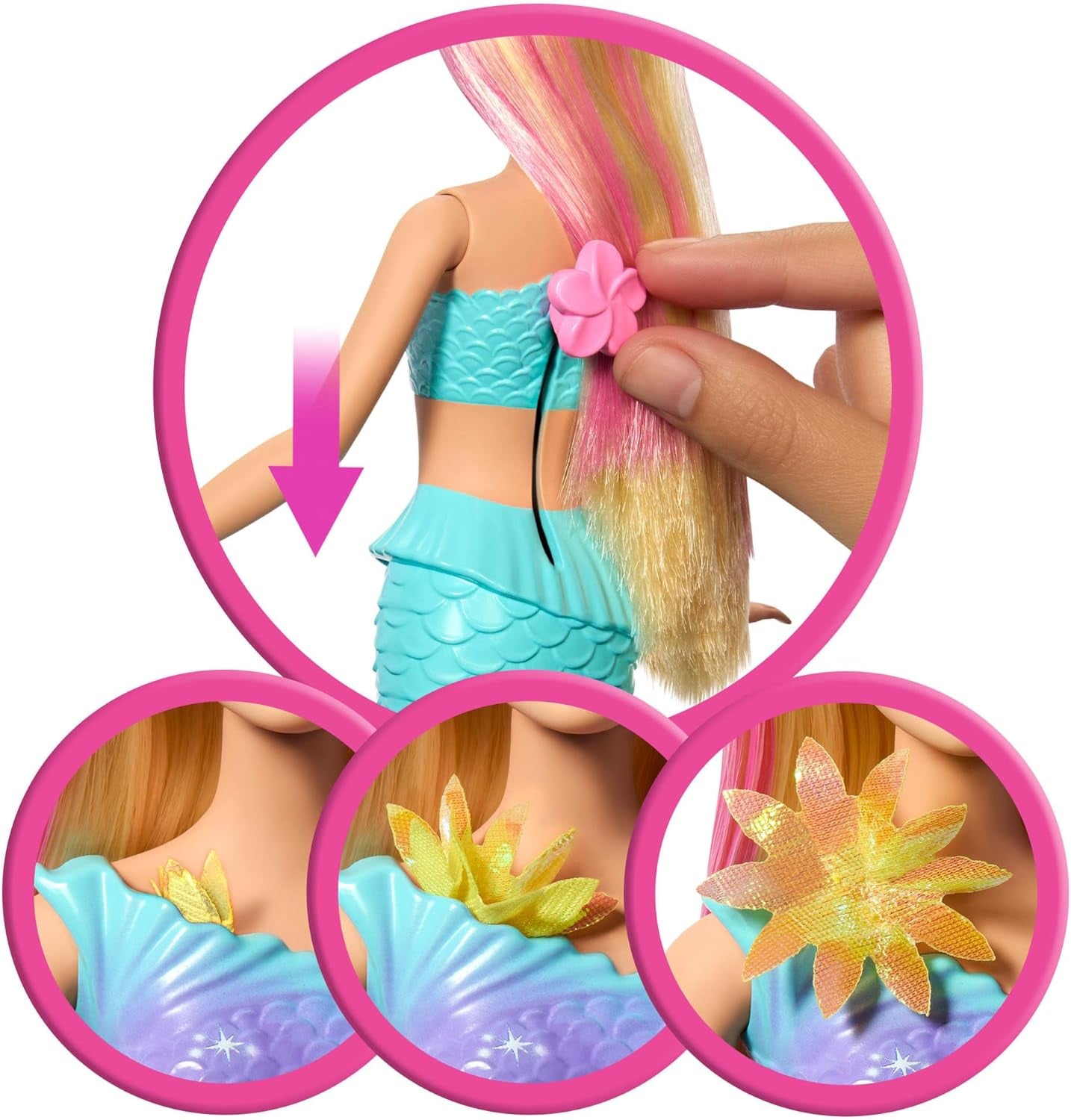 Barbie Meerjungfrauen-Spielzeug Puppe mit magischer Überraschungs Blüte, Schwanzflosse mit Farbverlauf, perlenbesetzten Haarreif und langem blonden Haar mit rosa Strehchen, JDM72