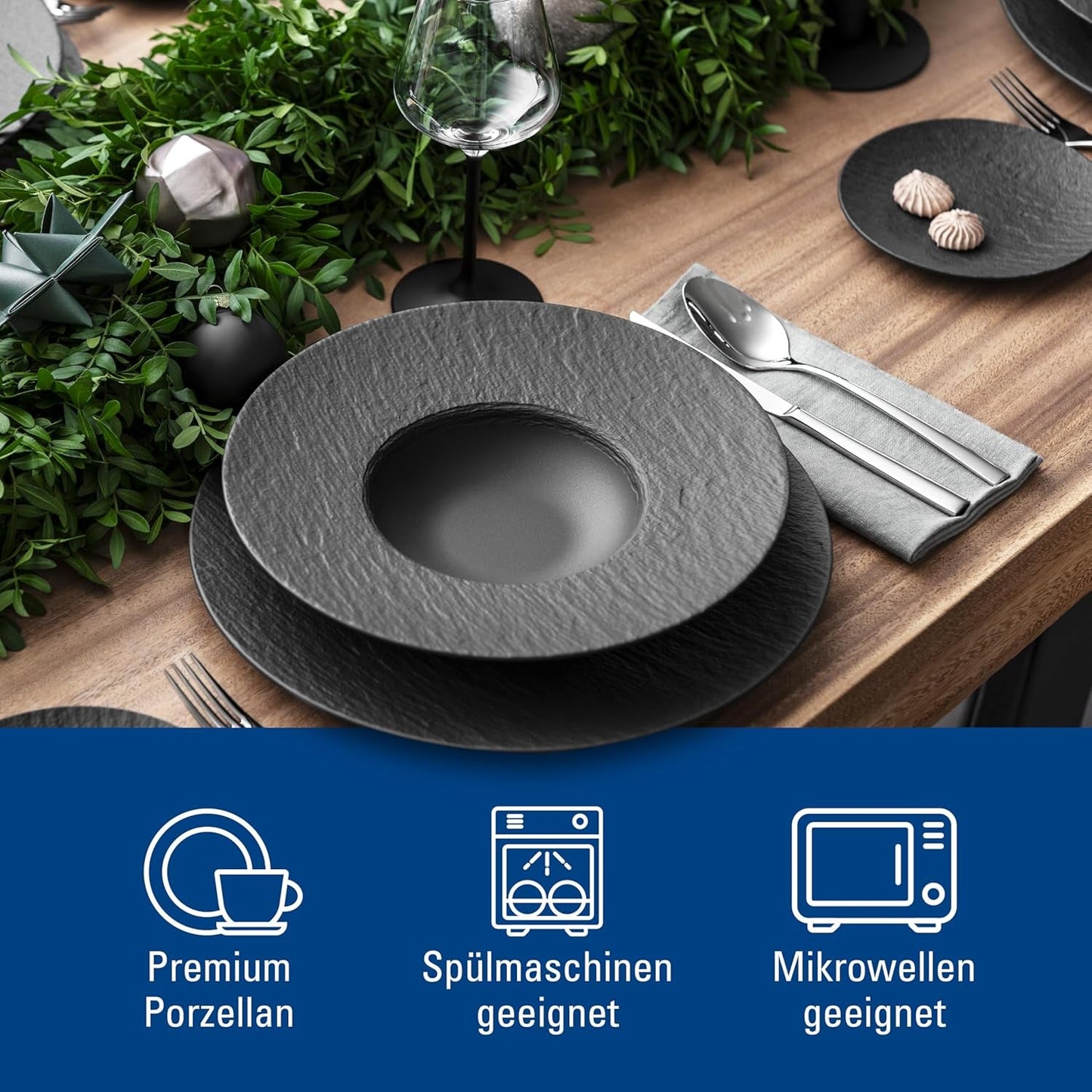 Villeroy & Boch - Manufacture Rock Tafelservice, 6-teilig, Tafelservice für 2 Personen, Premium-Porzellan, Schwarz
